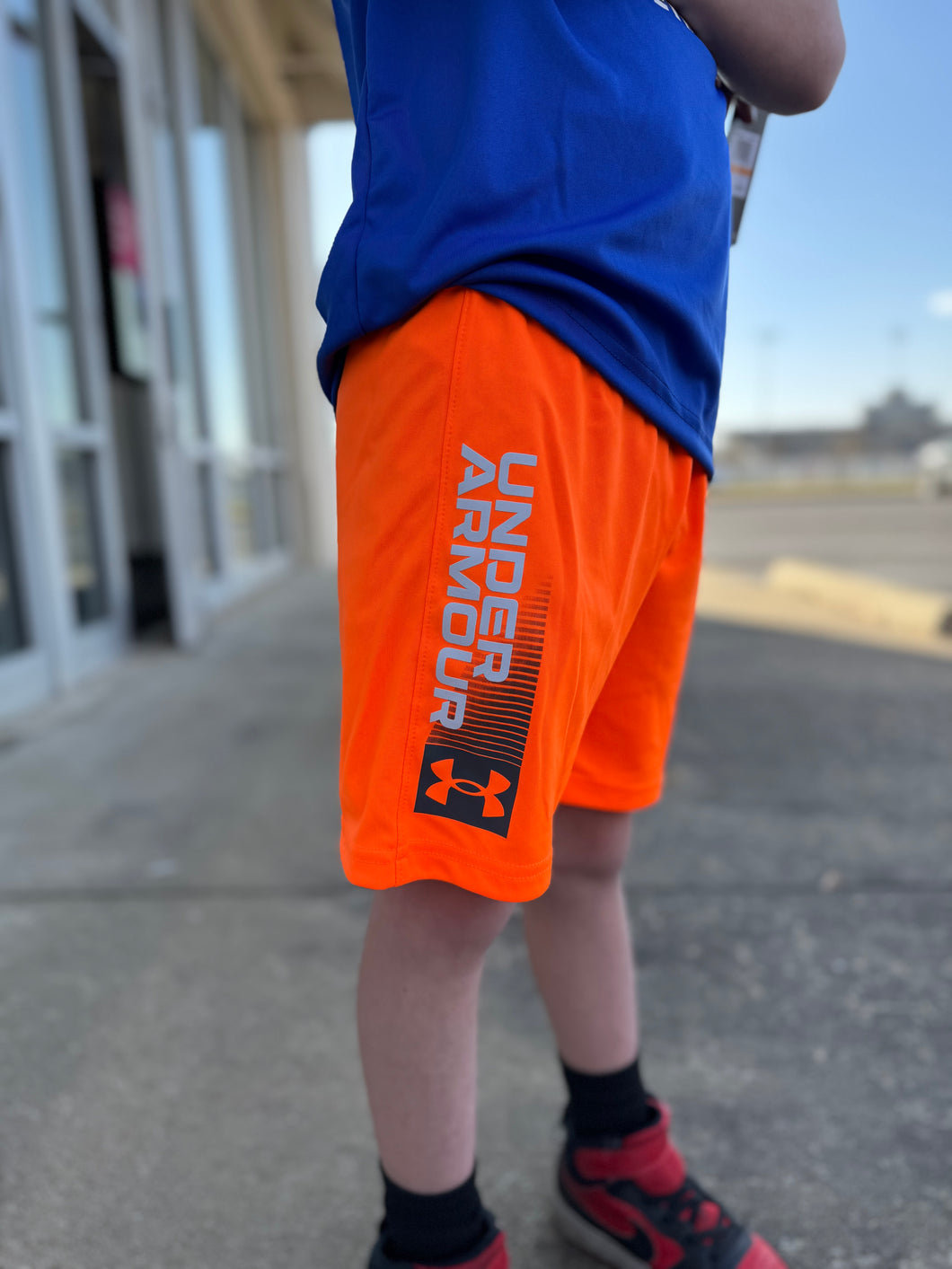 Boys UA Blaze Orange Tech Wordmark Short
